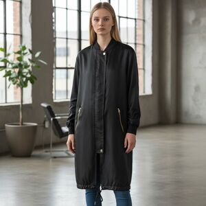 Victoria Sport Long Satin Bomber Jacket size XS Black Trench Coat Athleisure